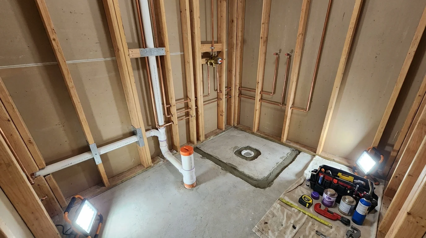 Bathroom rough-in plumbing during remodel by Johns Plumbing LLC in Saint Francis