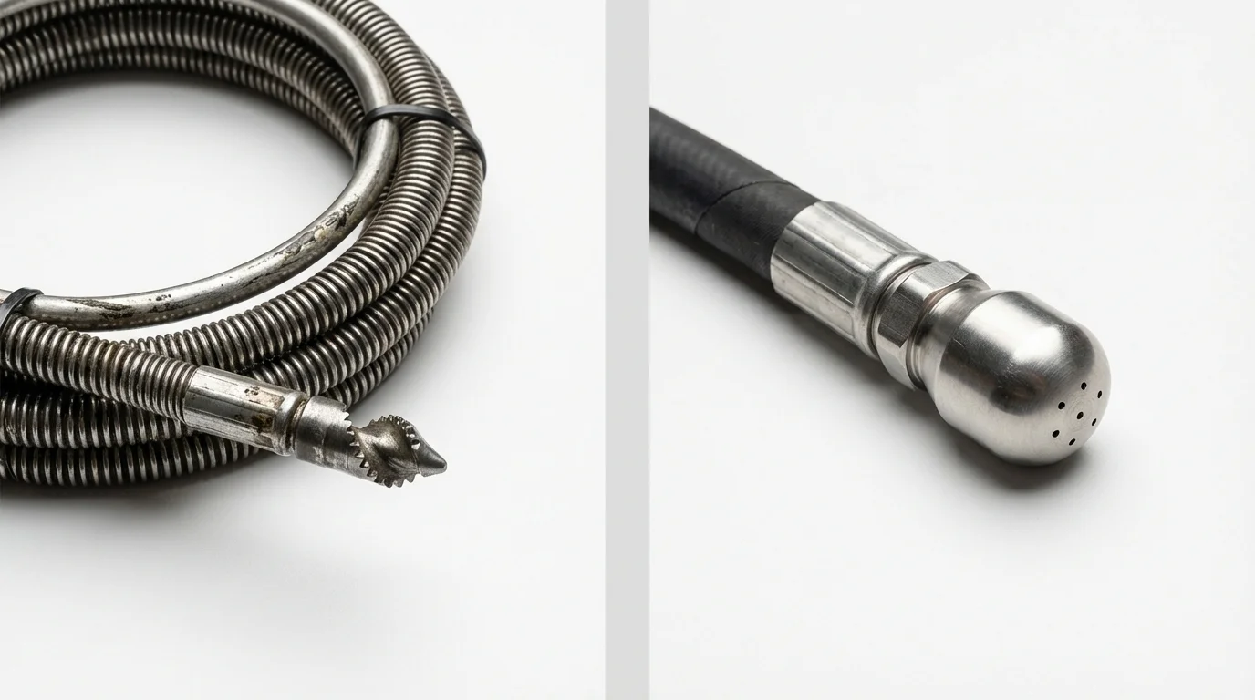 Drain snake cable and hydro jetting nozzle used for drain cleaning in Saint Francis, WI
