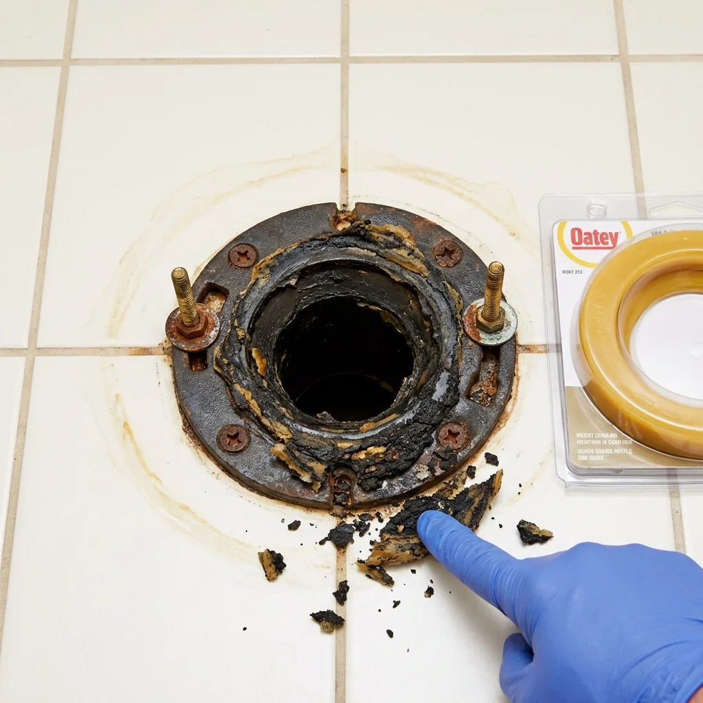 Failed wax ring showing water seepage at the base of a toilet in a Saint Francis, WI home