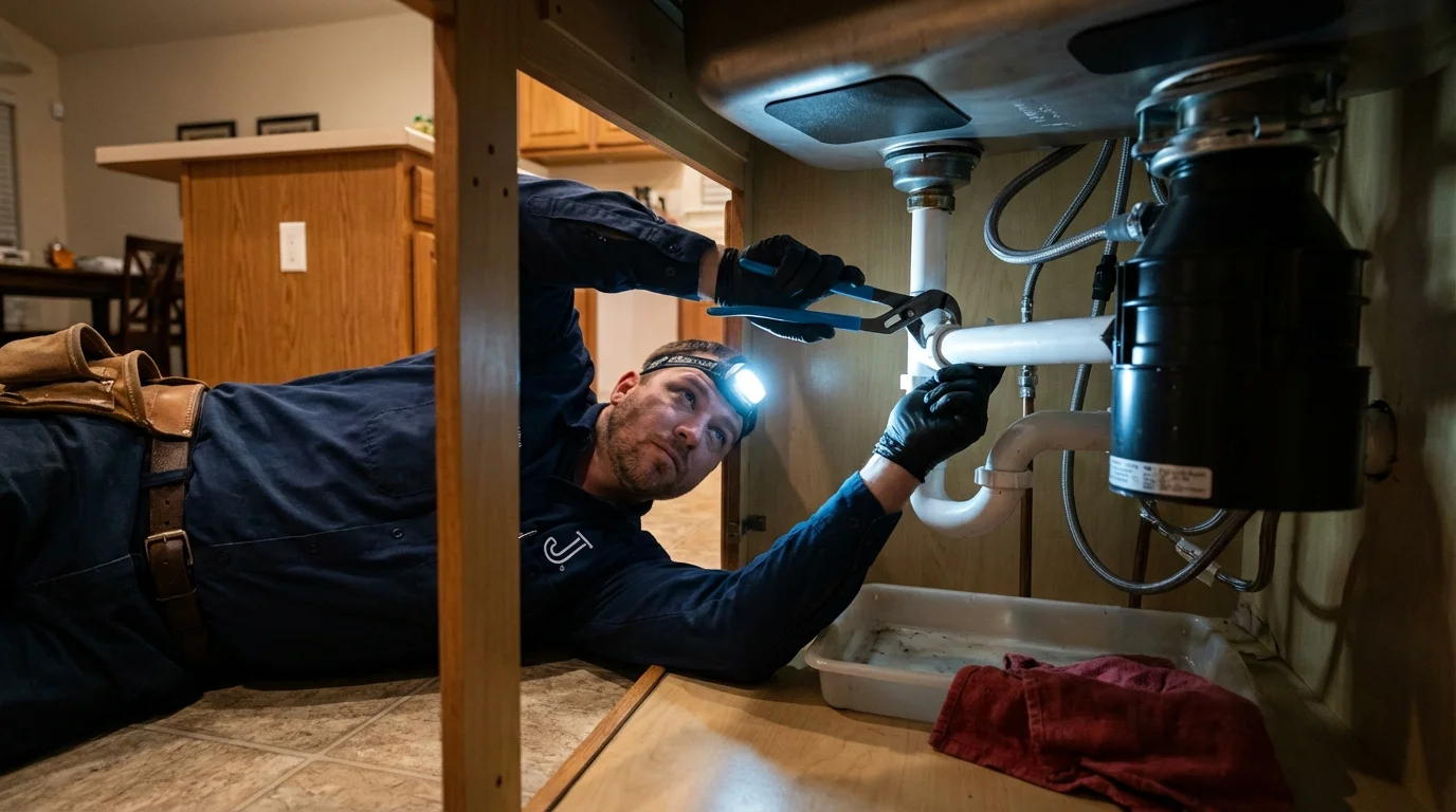 P-trap and supply line connections under a kitchen sink showing a common leak point in Saint Francis, WI
